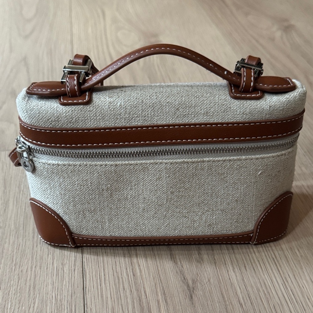 Natural Linen and Brown leather-like Mini Top Handle Bag with CrossBody Strap